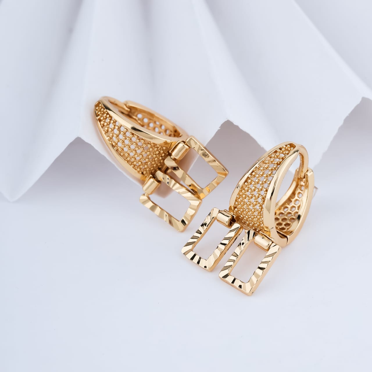 Noir Edge Double Rectangle Gold Hoop Earrings