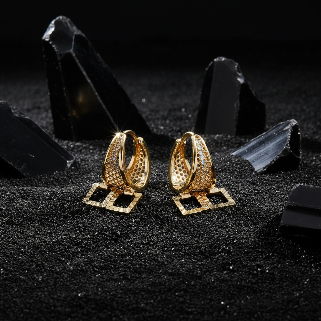 Astra Square Drop Gold Huggie Earrings