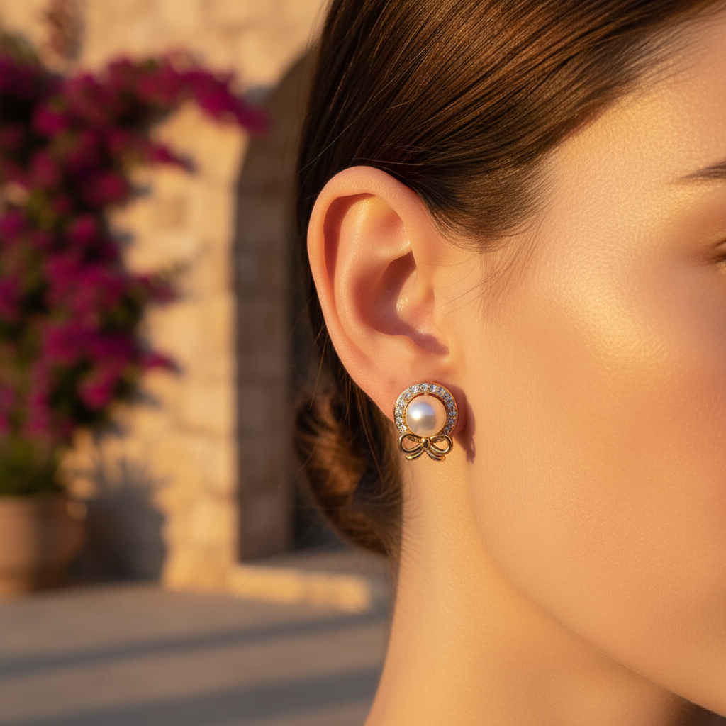 Pearl Bow Stud Earrings