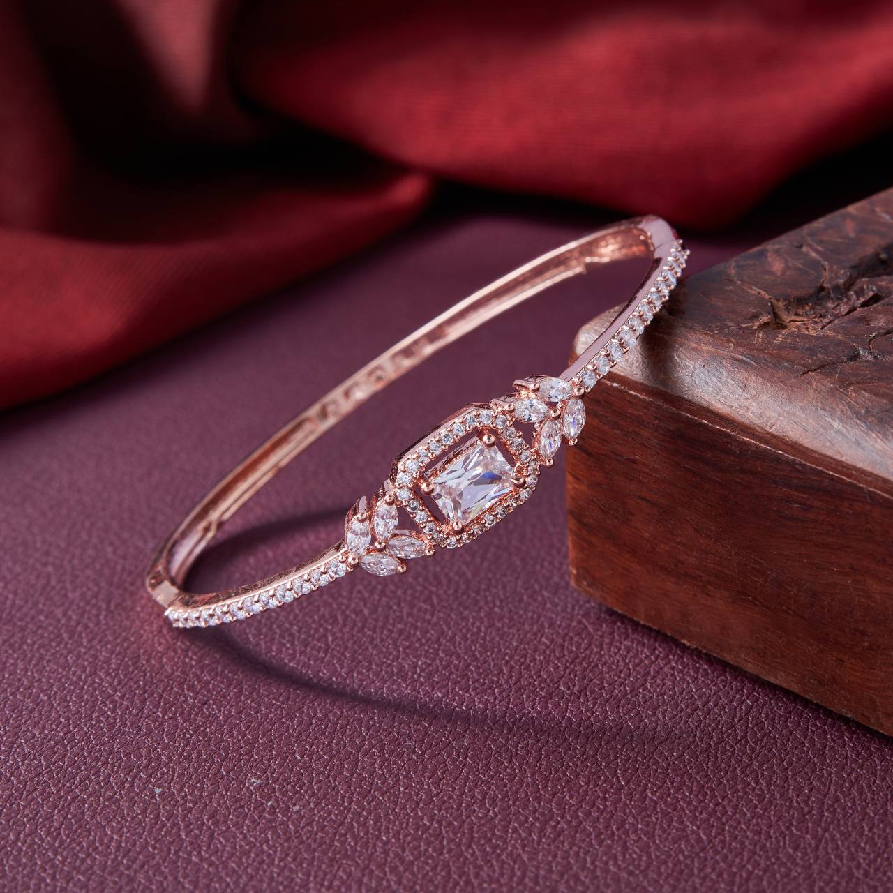 Rose Gold Princess Diamond Bangle – Square-Cut CZ Luxury Bracelet by Nivora Jewel