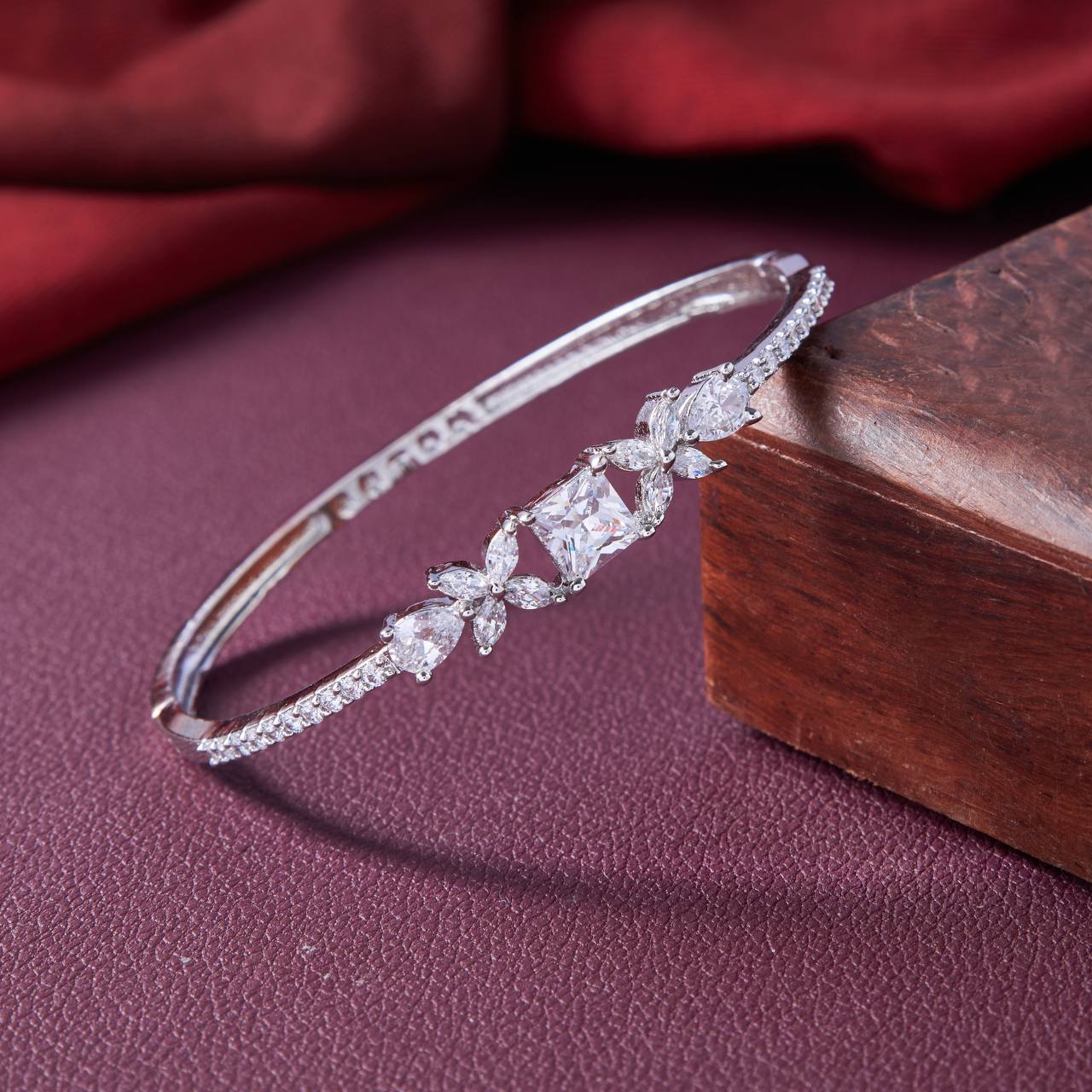 Silver Floral Princess Diamond Bangle – Elegant CZ Bracelet by Nivora Jewel