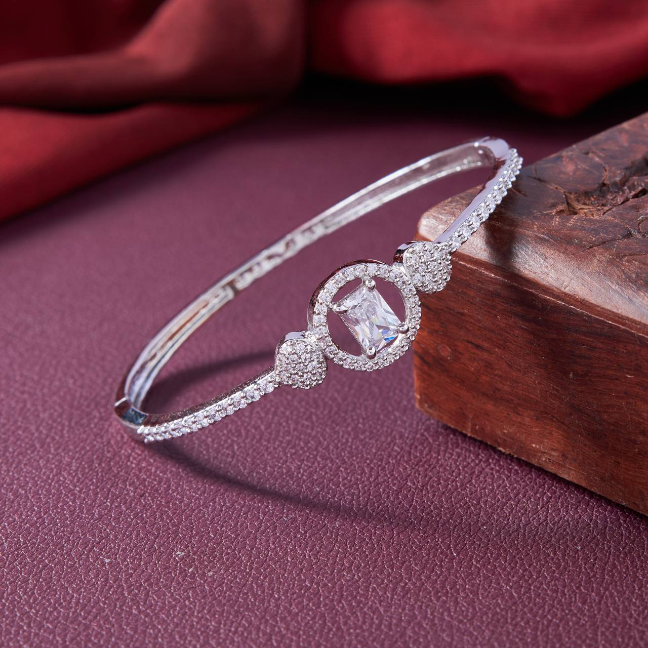 Silver Halo Rectangle Diamond Bangle – Elegant CZ Bracelet by Nivora Jewel