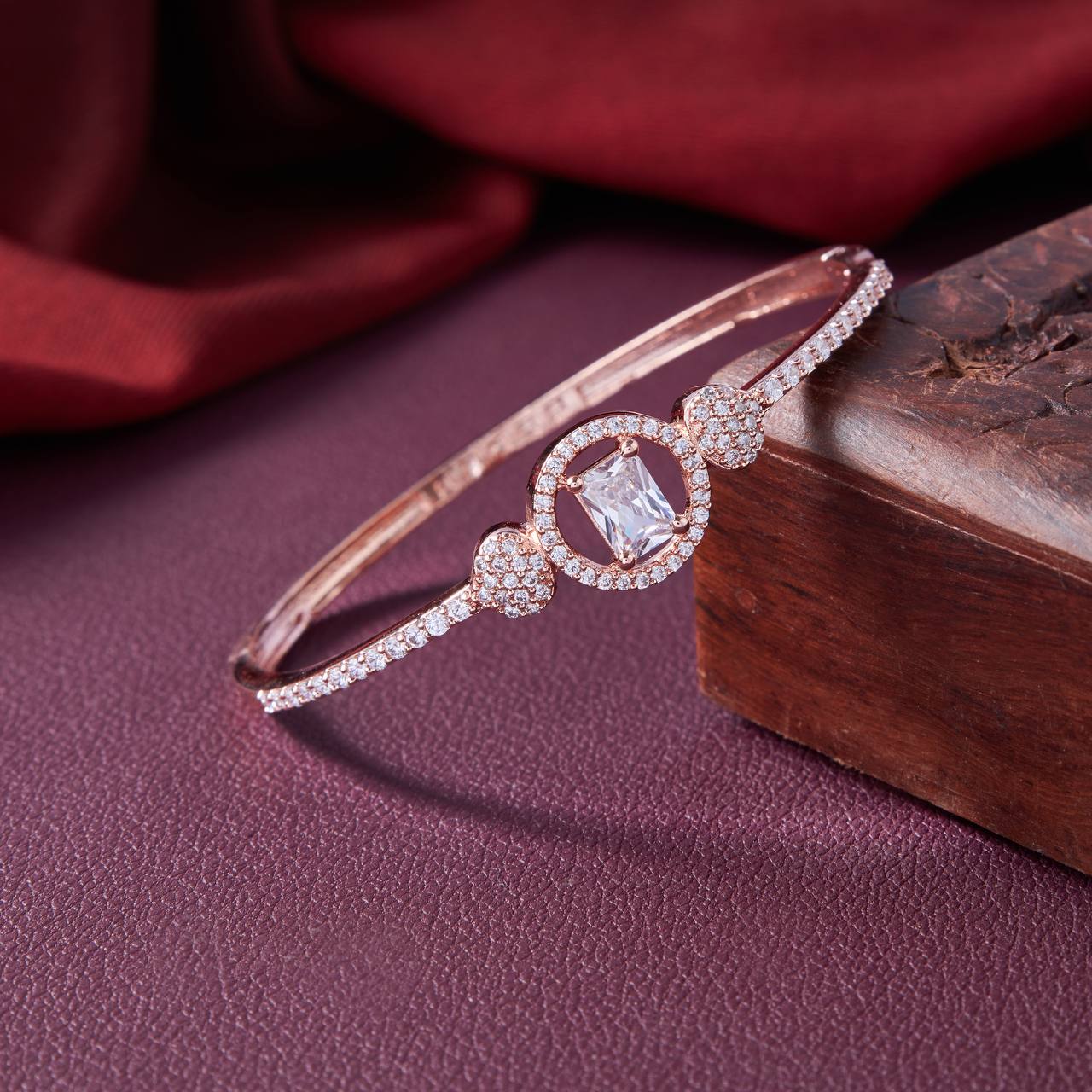 Rose Gold Radiant Halo Diamond Bangle – Elegant CZ Bracelet by Nivora Jewel