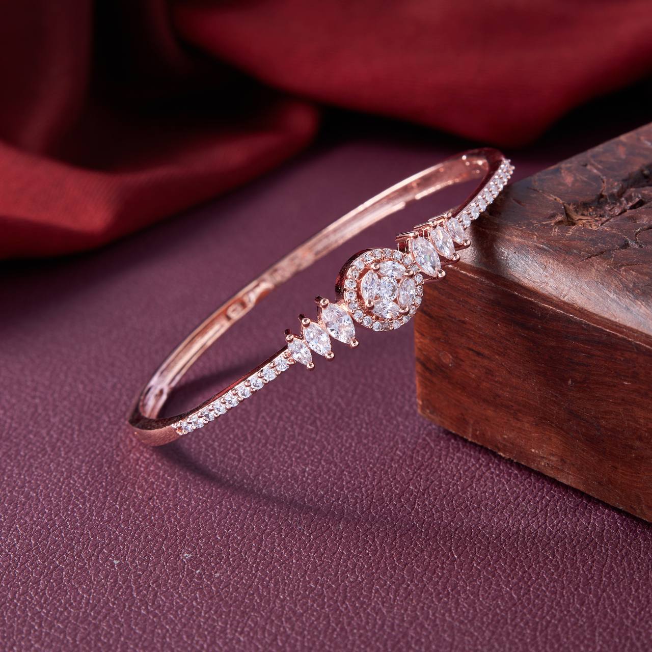 Rose Gold Bloom Halo CZ Bangle – Premium Bridal Bracelet by Nivora Jewel