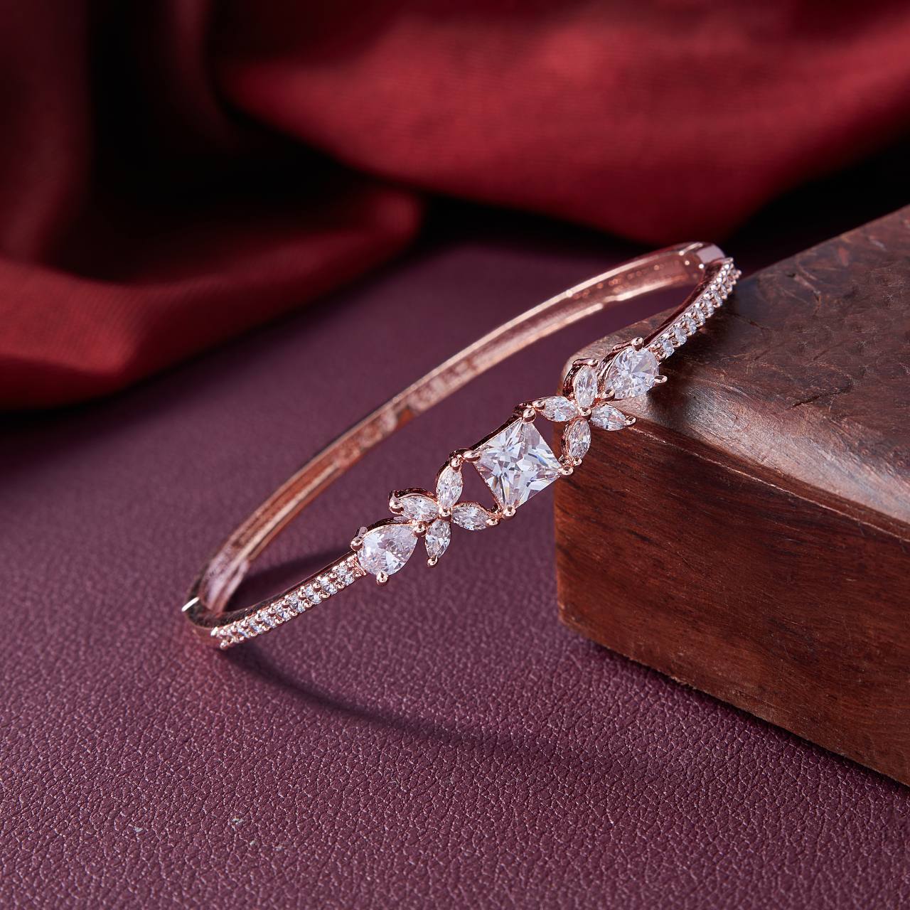 Rose Gold Princess Cut Floral CZ Bangle – Elegant Party & Bridal Bracelet by Nivora Jewel