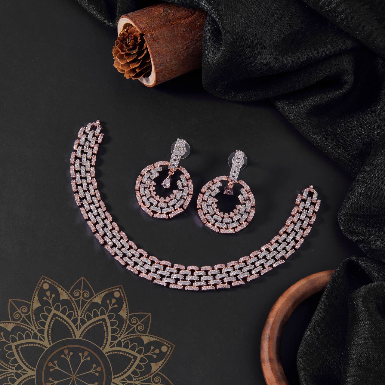 Rose Gold Interlink Choker Necklace Set – Luxury CZ Jewelry by Nivora Jewel