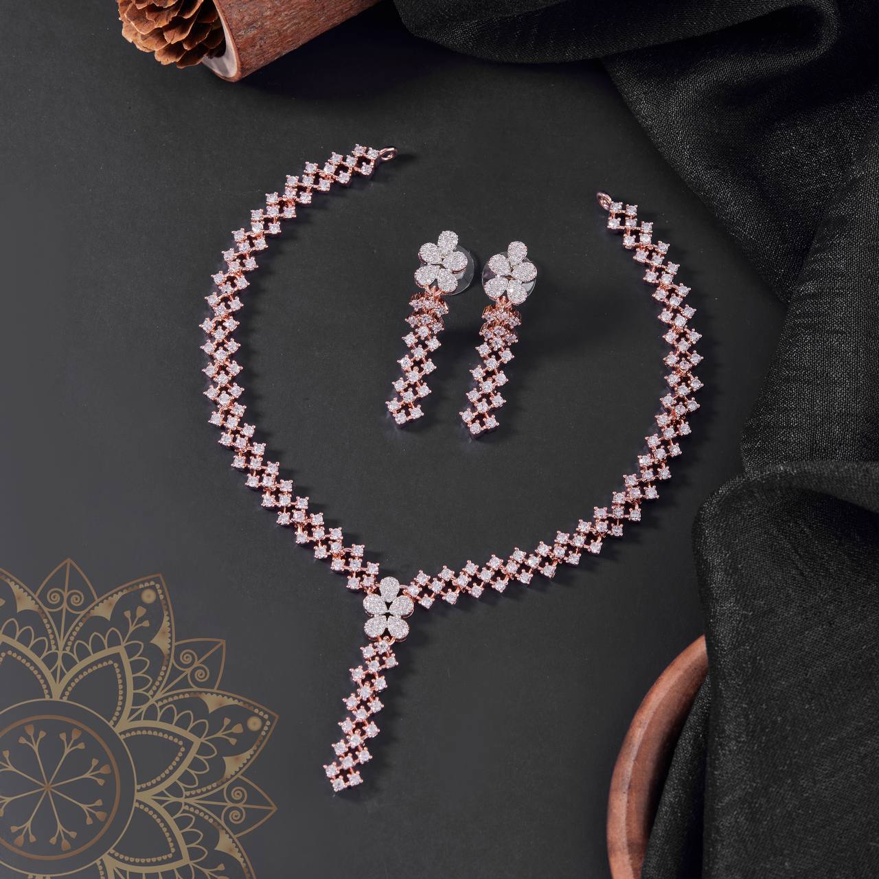 Rose Gold Floral Drop CZ Necklace Set – Premium Bridal Jewelry by Nivora Jewel