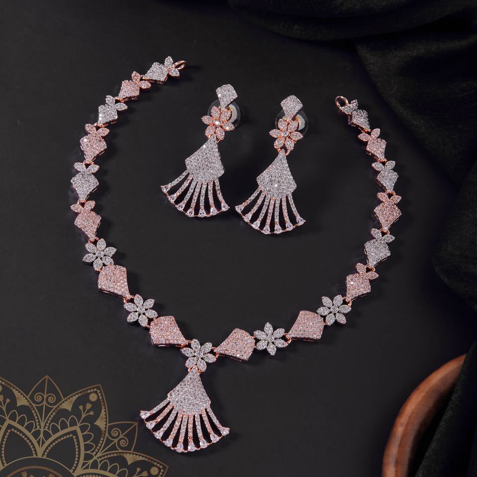 Rose Gold Dual-Tone CZ Fan Necklace Set – Luxury Statement Jewelry by Nivora Jewel