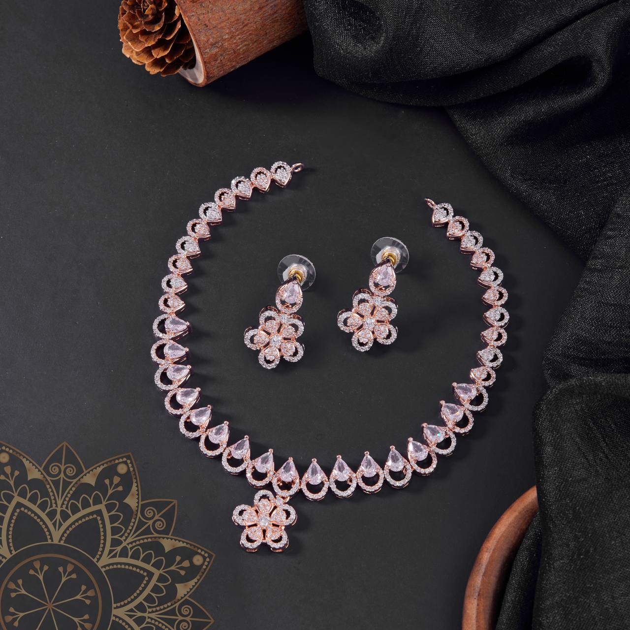 Rosé Bloom Necklace Set – Elegant Floral CZ Jewelry by Nivora Jewel