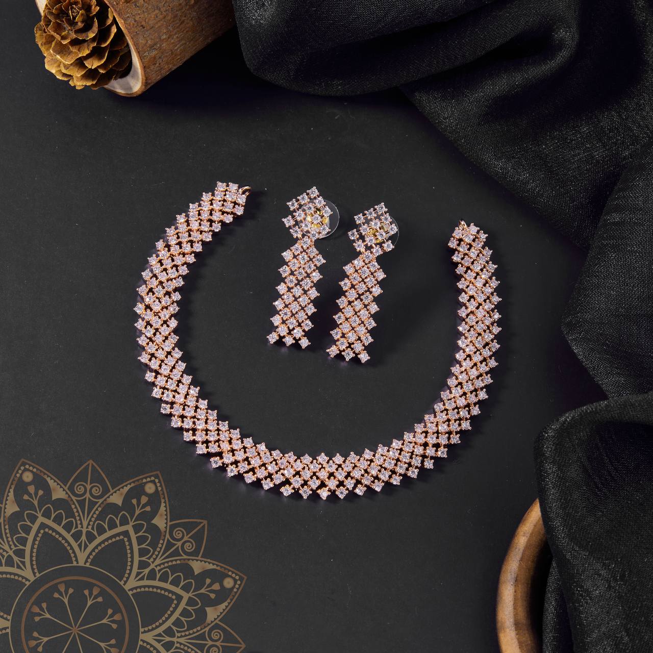 Luxury Rose Gold Crystal Choker Necklace Set with Earrings – Party & Bridal Collection