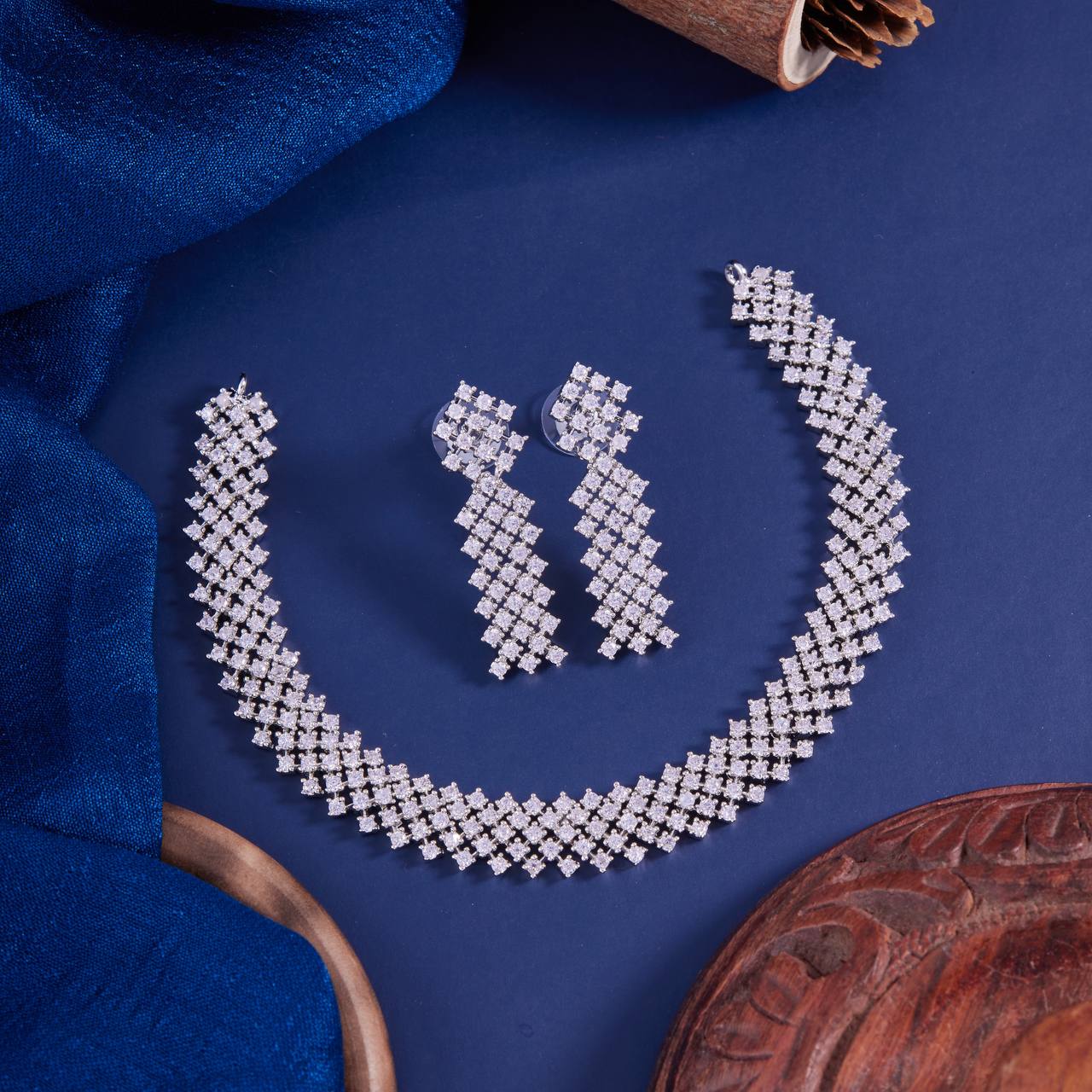 Silver Diamond Choker Necklace Set with Earrings – Luxury Party Jewelry by Nivora Jewel