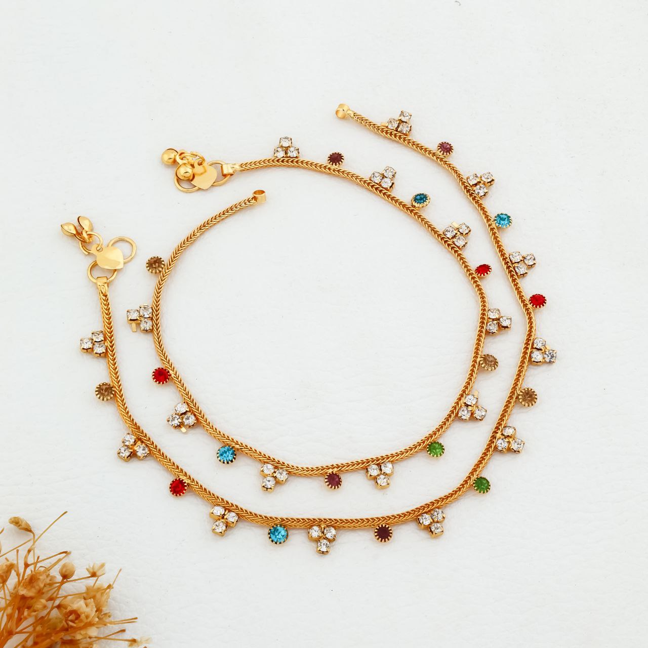 Aarohi Multicolor Stone Anklet – Gold Plated Traditional Payal by Nivora Jewel (Pair)