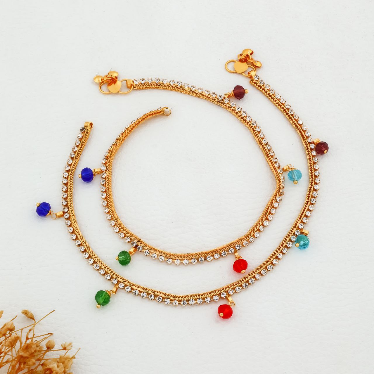 Meera Multicolor Bead Anklet – Gold Plated Traditional Payal with CZ Stones by Nivora Jewel (Pair)
