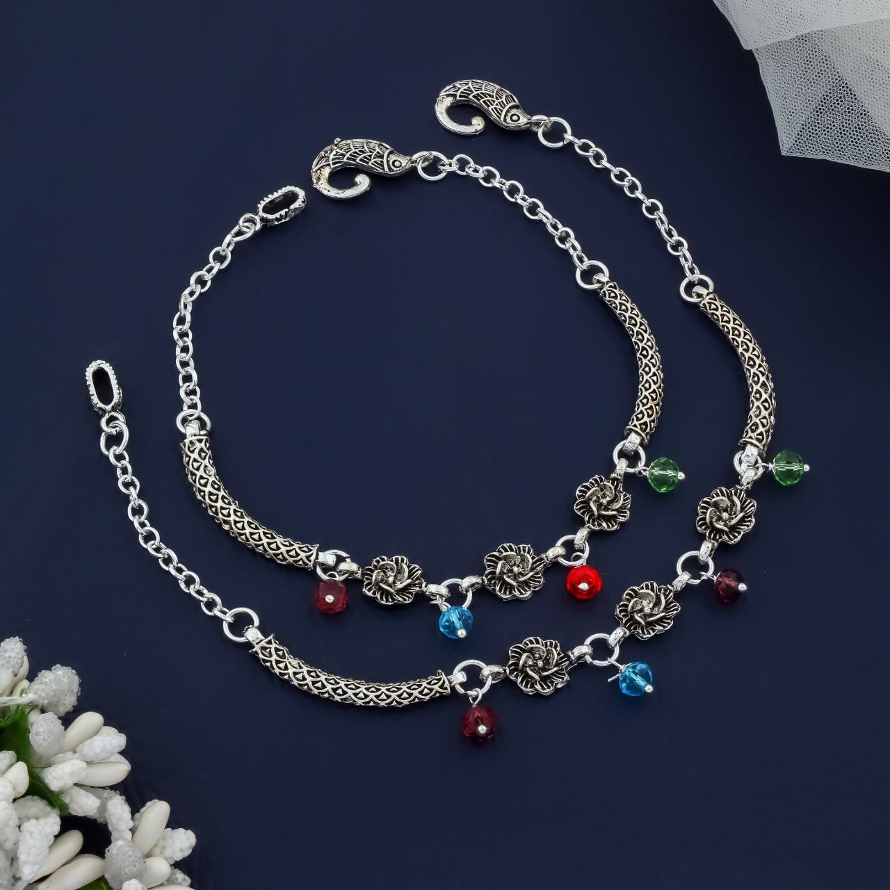 Kavya Floral Curve Anklet – Oxidized Silver Plated Payal with Multicolor Beads by Nivora Jewel (Pair)
