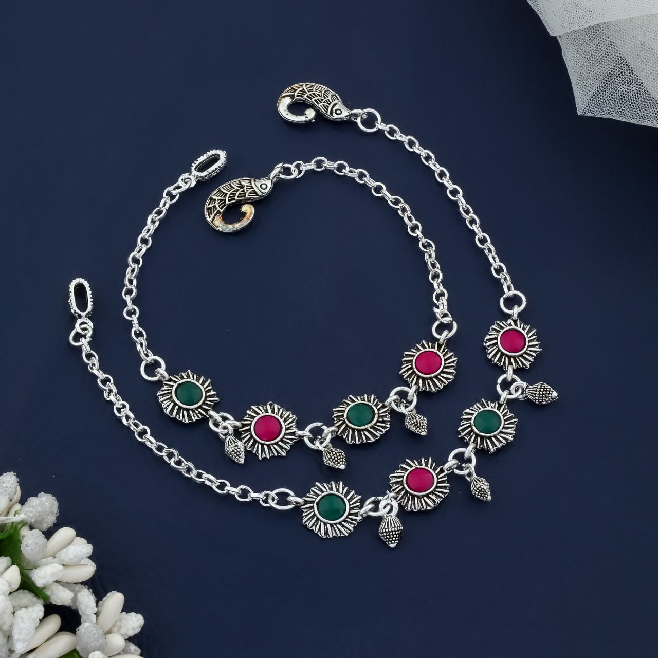 Myra Sunburst Stone Anklet – Oxidized Silver Plated Payal with Green & Pink Stones by Nivora Jewel (Pair)