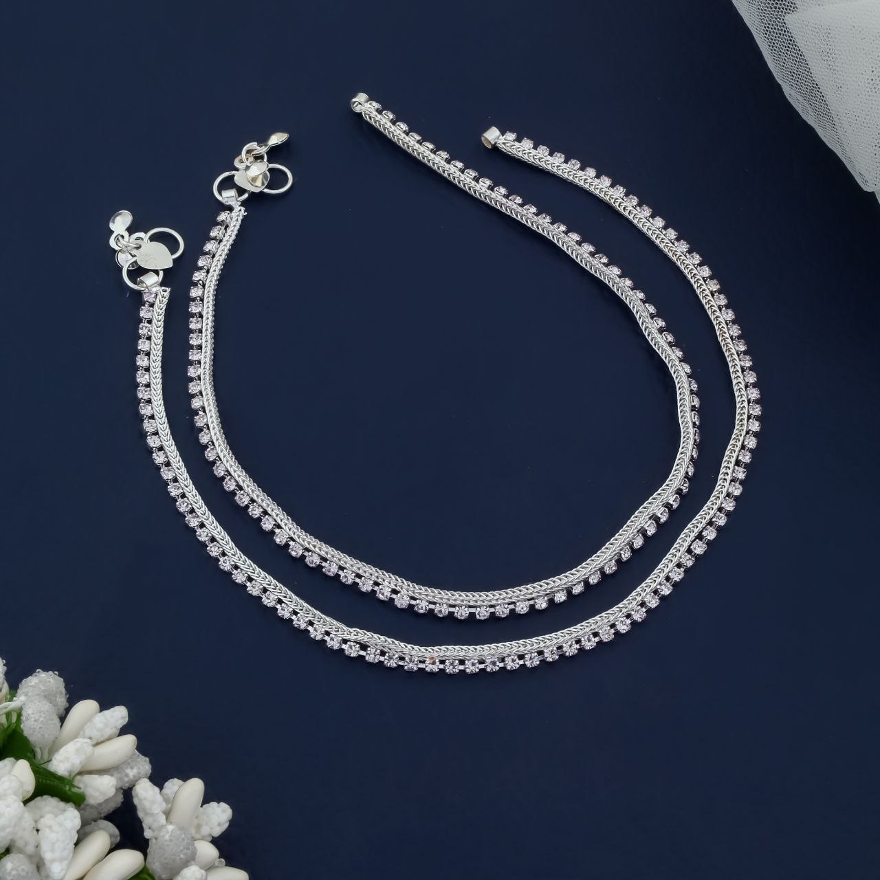 Reeva Dual Layer Silver Anklet – Elegant CZ Stone Payal Pair by Nivora Jewel
