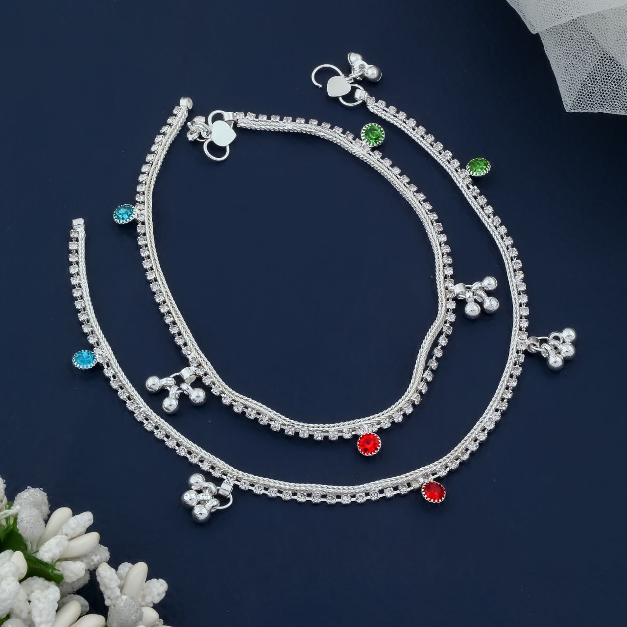 Anvi Multicolor Charm Silver Anklet – Oxidized Payal Pair with Bells by Nivora Jewel