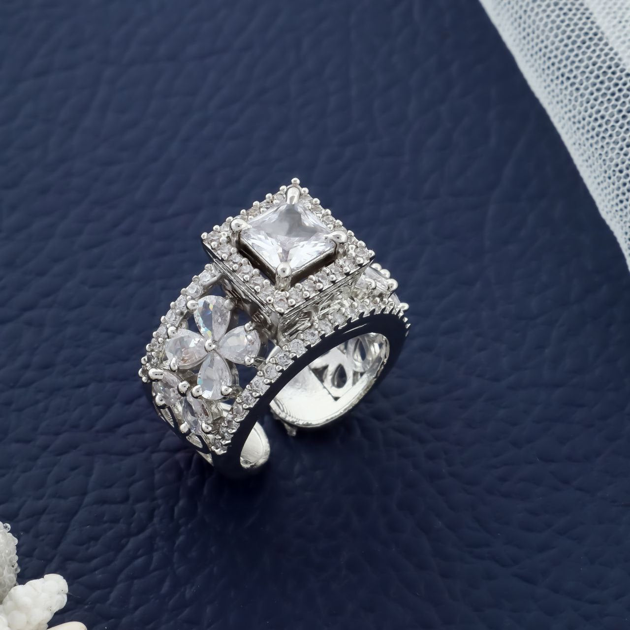 Celeste Radiance Ring – Adjustable Silver-Plated CZ Statement Ring by Nivora Jewel