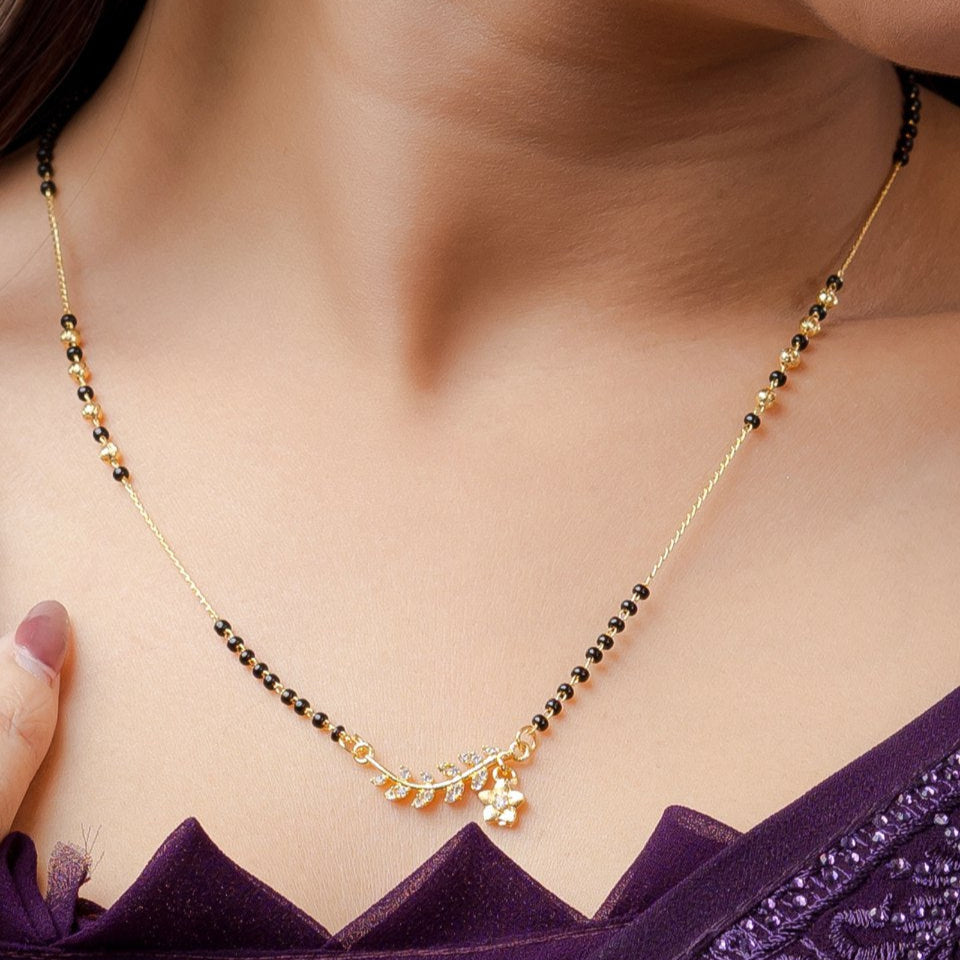 Elegant Gold-Plated Diamond Mangalsutra for Women – Floral Leaf Design