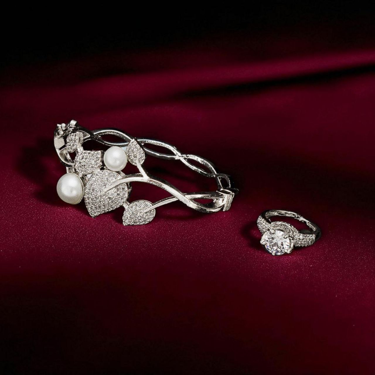 Silver Pearl Heart Bracelet & Solitaire Ring Set – Elegant Party Wear Jewelry by Nivora Jewel