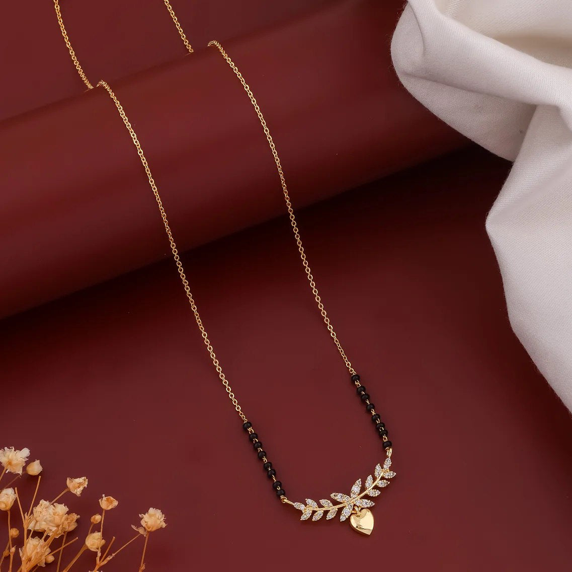 Gold-Plated Heart Leaf Diamond Mangalsutra – Elegant Daily Wear by Nivora Jewel