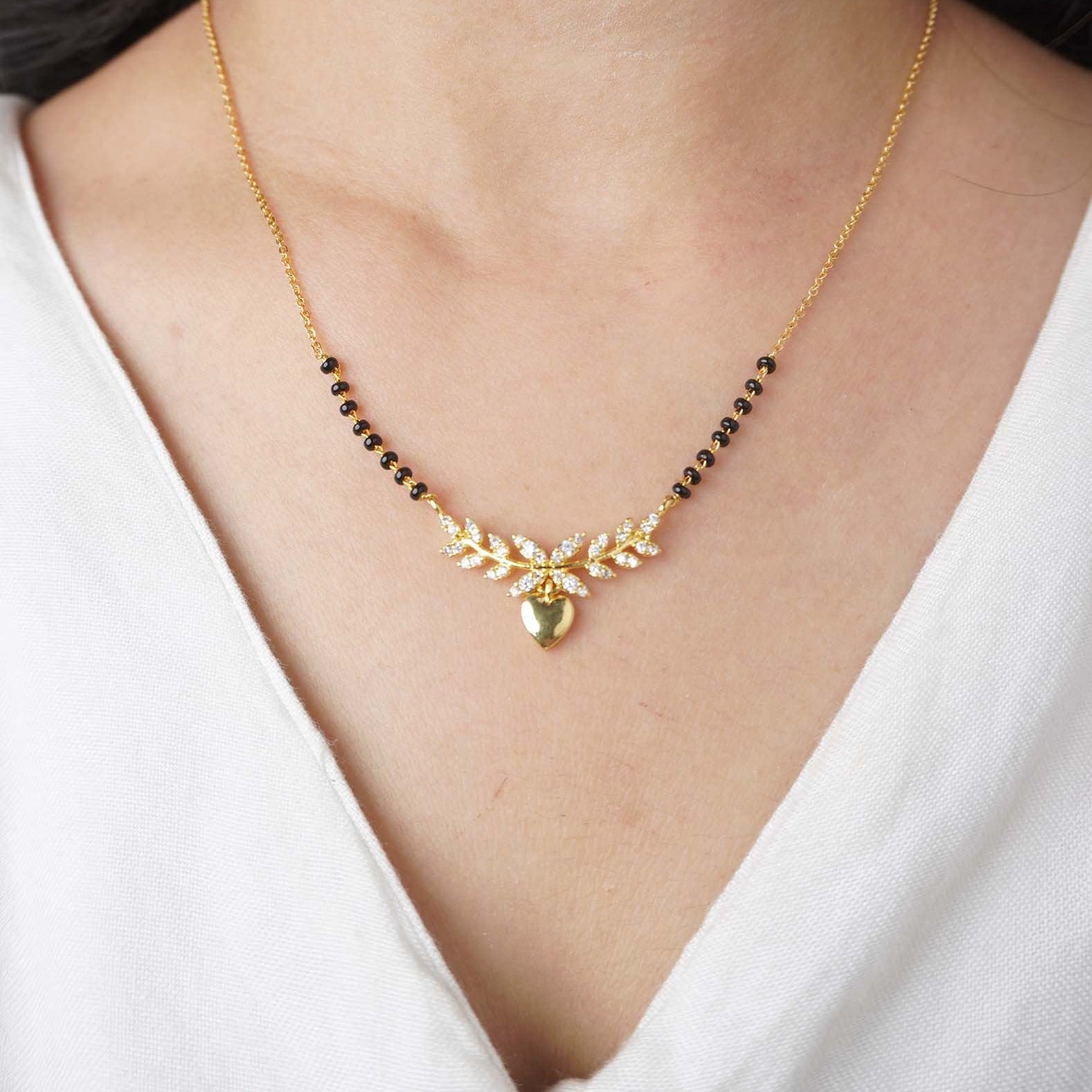 Gold-Plated Heart Leaf Diamond Mangalsutra – Elegant Daily Wear by Nivora Jewel