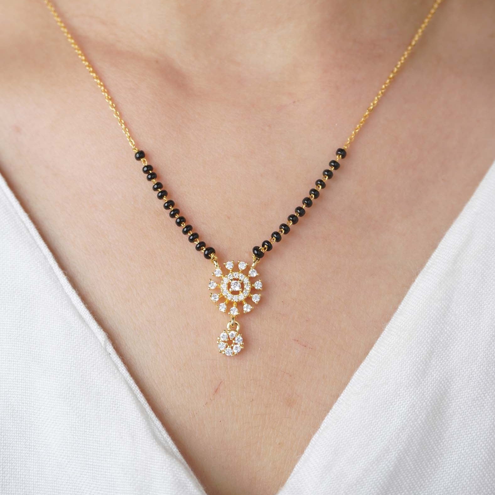 Divine Radiance Mangalsutra – Floral CZ Pendant by Nivora Jewel
