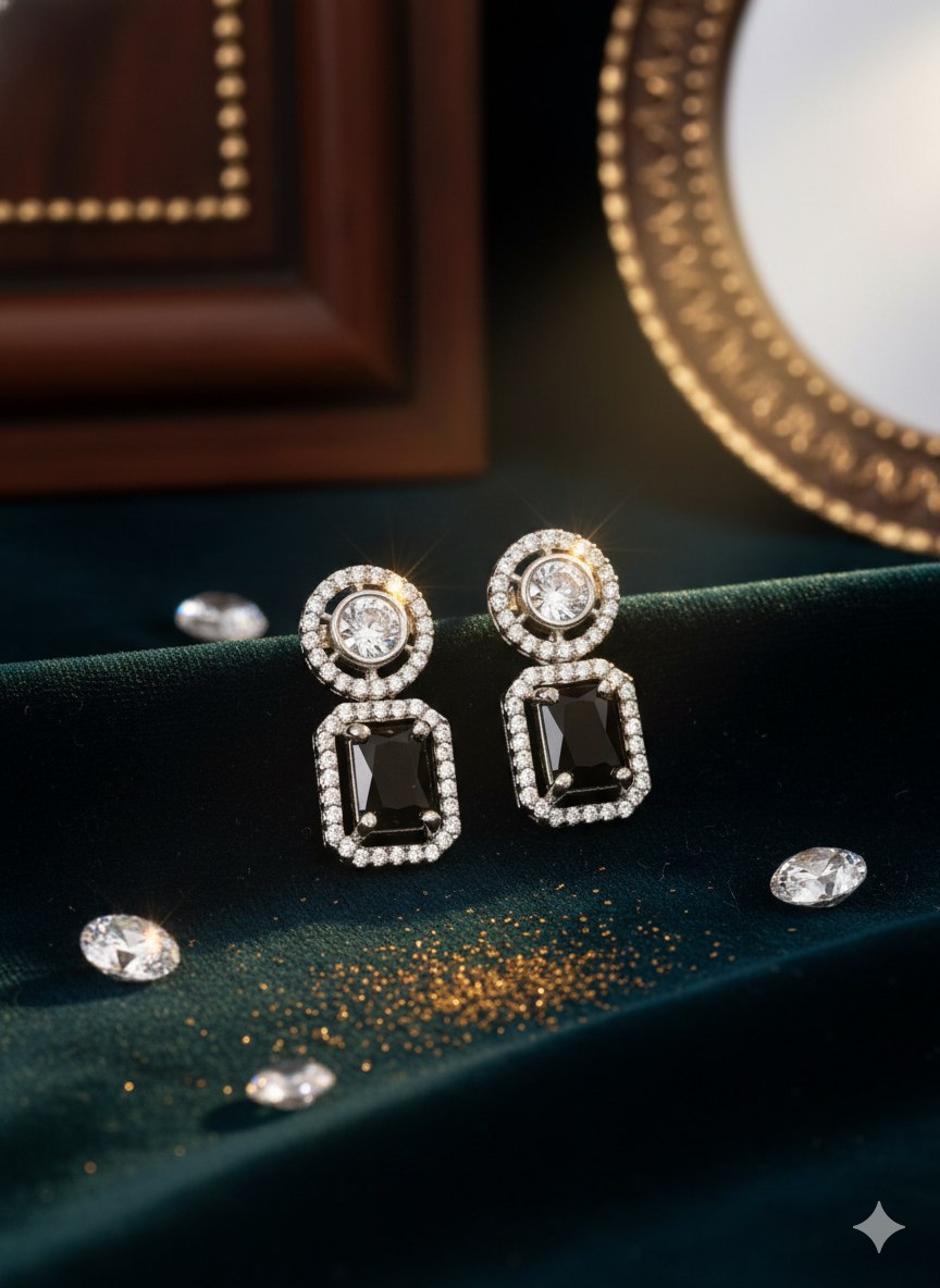 Midnight Grace Earrings – Black Onyx & CZ Silver-Plated Studs by Nivora Jewel