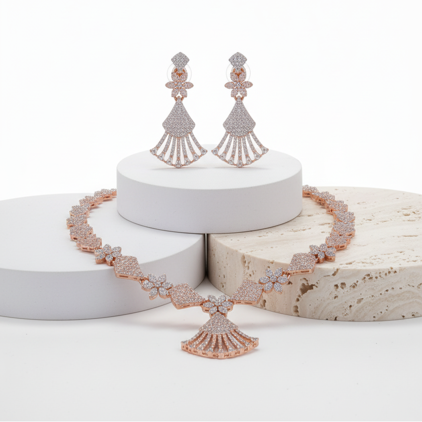 Rose Gold Dual-Tone CZ Fan Necklace Set
