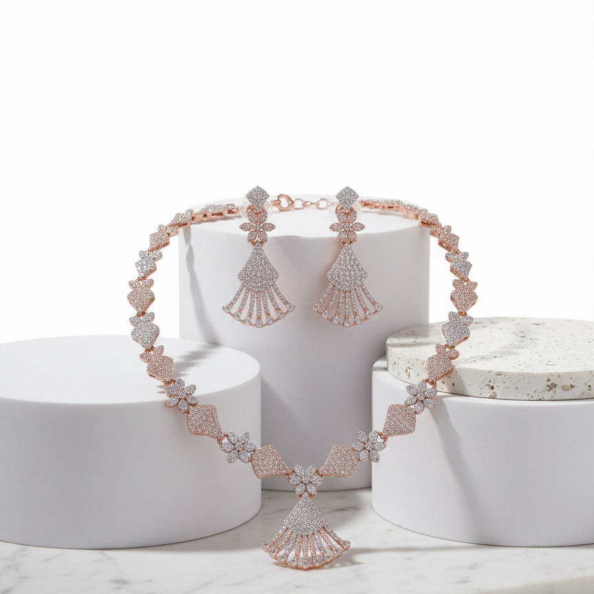 Rose Gold Dual-Tone CZ Fan Necklace Set