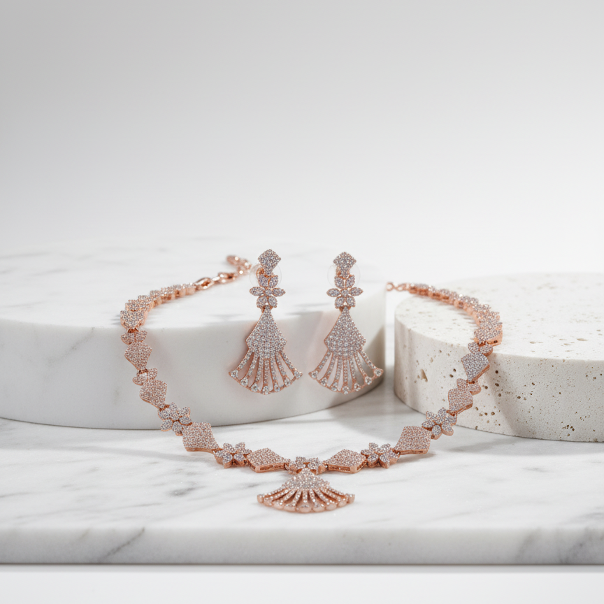 Rose Gold Dual-Tone CZ Fan Necklace Set