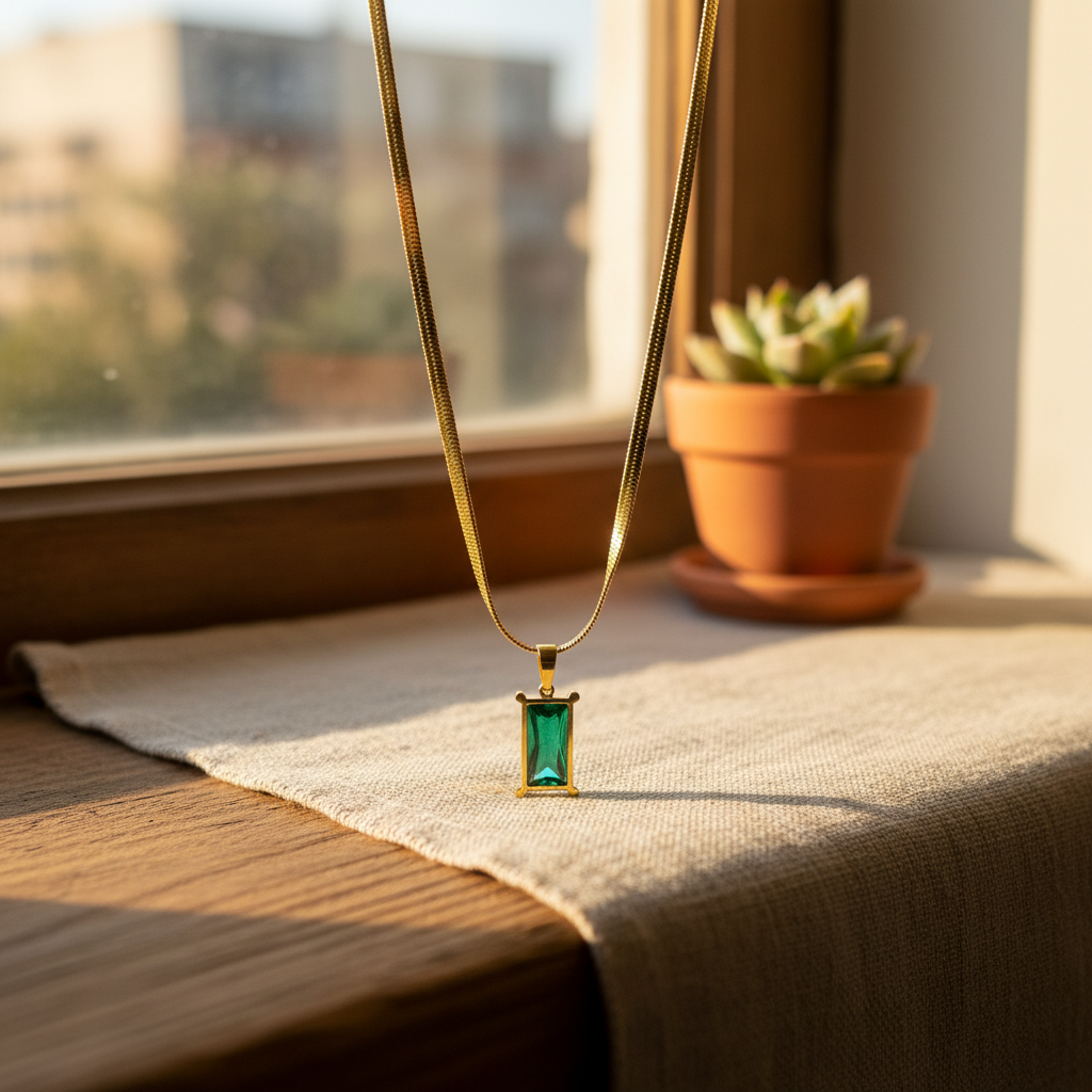Emerald Aura Rectangle Pendant Necklace