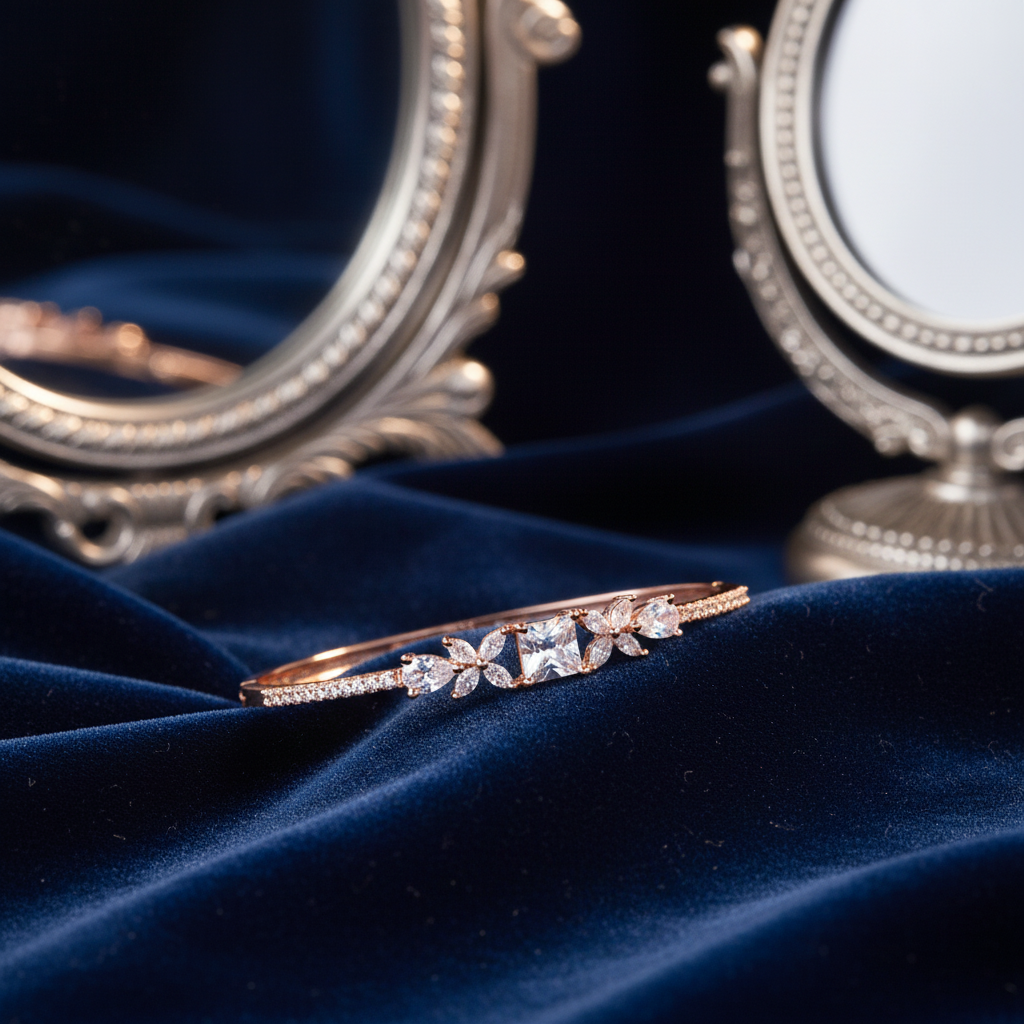 Rose Gold Princess Cut Floral CZ Bangle