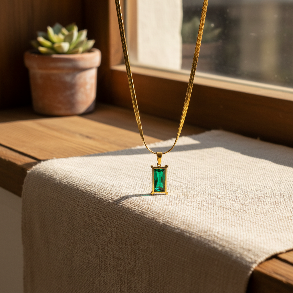 Emerald Aura Rectangle Pendant Necklace