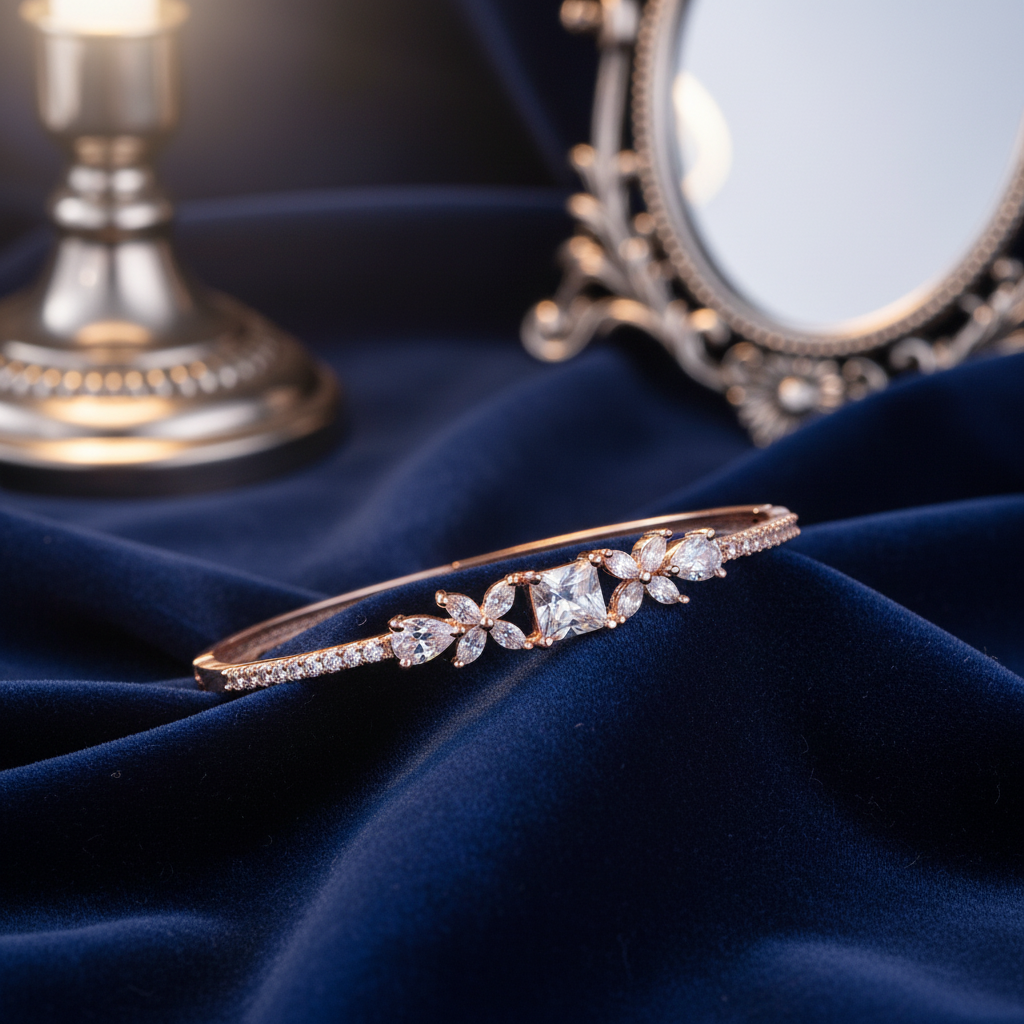 Rose Gold Princess Cut Floral CZ Bangle