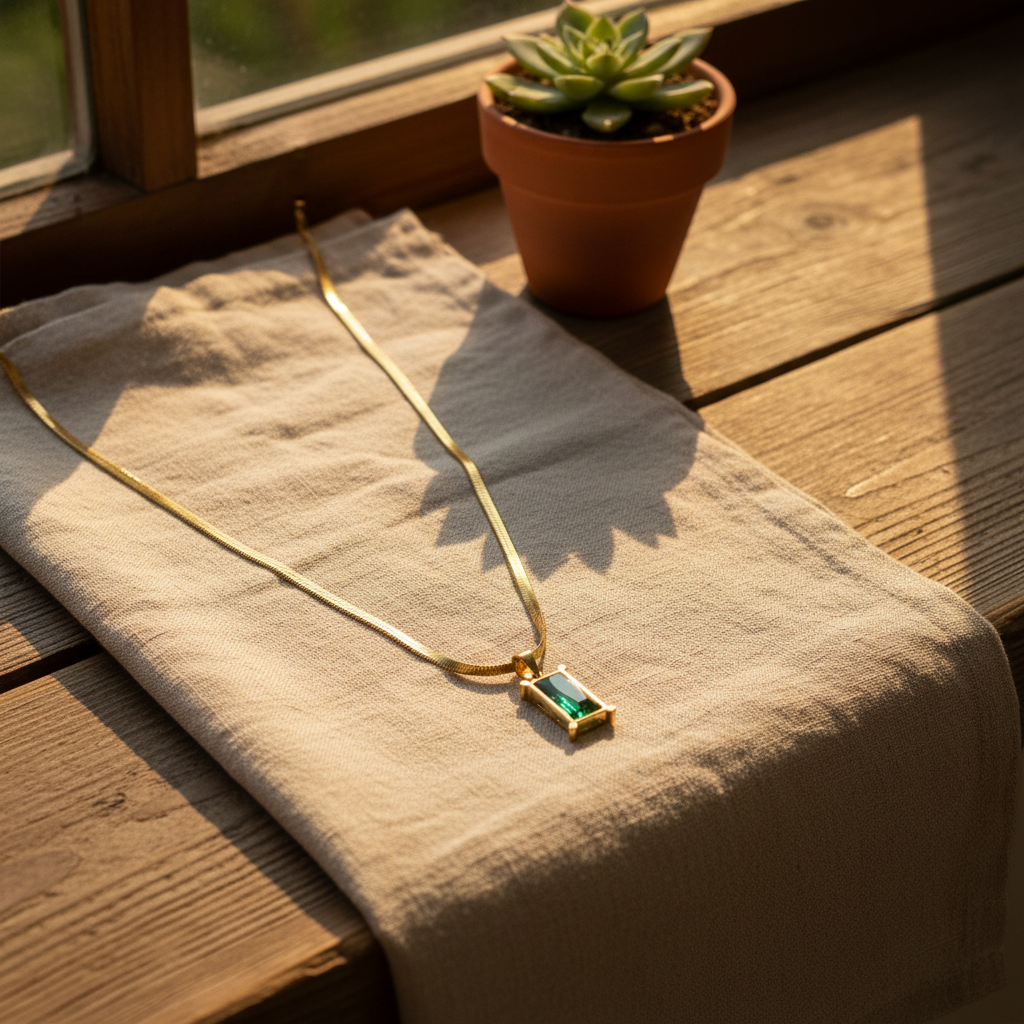 Emerald Aura Rectangle Pendant Necklace