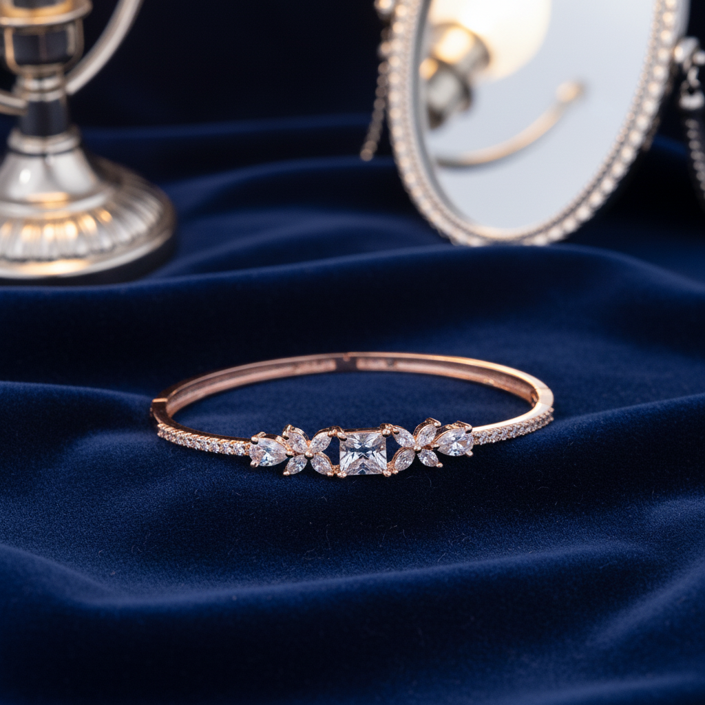 Rose Gold Princess Cut Floral CZ Bangle