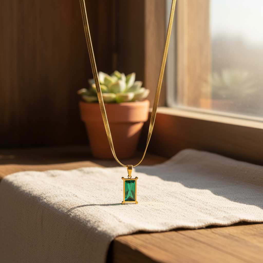 Emerald Aura Rectangle Pendant Necklace